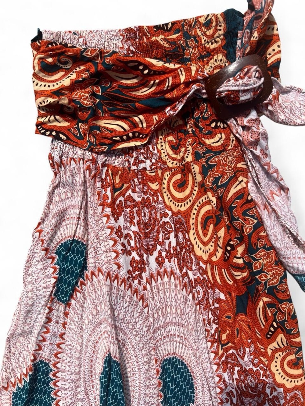 BOHO MAXI SKIRT WRAP TIE WAIST  ELASTIC - INDIA Boutique - Small - red tan teal - Picture 3 of 3